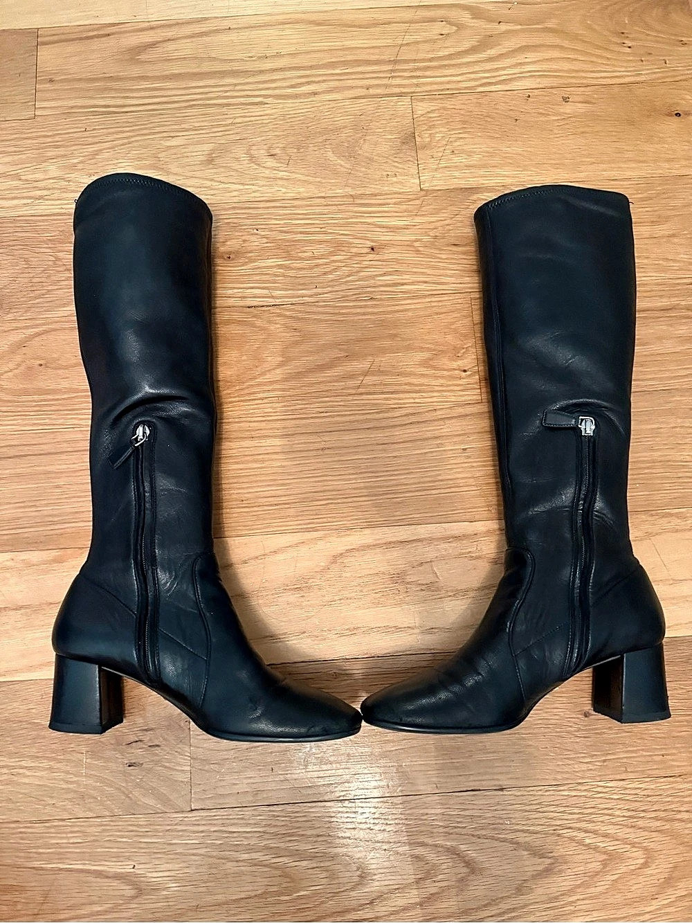 Authentic Prada Black Leather Knee-High Heeled Boots Size 35